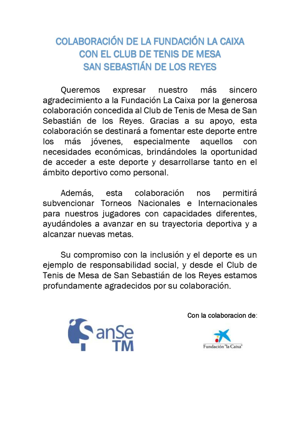 👏🏻 Colaboración de la Fundación «la Caixa»  con el Club de Tenis de Mesa San Sebastián de los Reyes 🏓